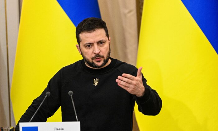 Ukrainian President Volodymyr Zelensky speaks during a press conference in the western Ukrainian city of Lviv, on Jan. 11, 2023. (Yuriy Dyachyshyn/AFP via Getty Images)