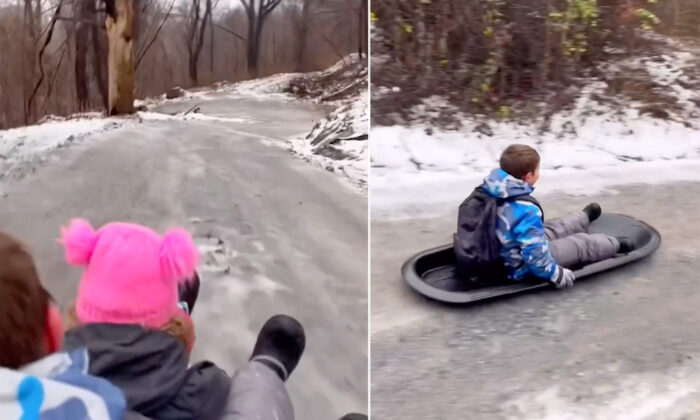 VIDEO: Determined Mom Beats Icy Winter Roads by Sledding Her Kids to School