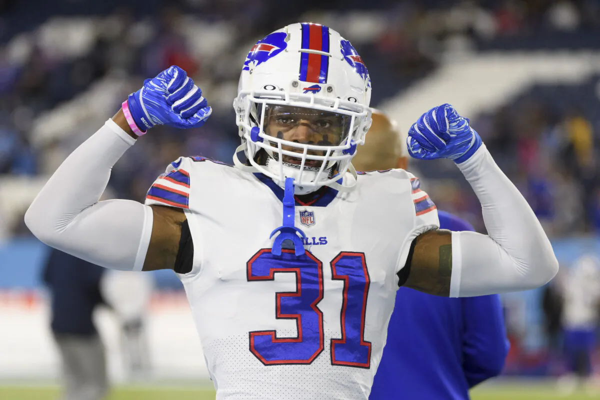 Buffalo Bills safety Damar Hamlin (31) before an NFL football game against the Tennessee Titans in Nashville, Tenn., on Oct. 18, 2021. (John Amis/AP Photo)