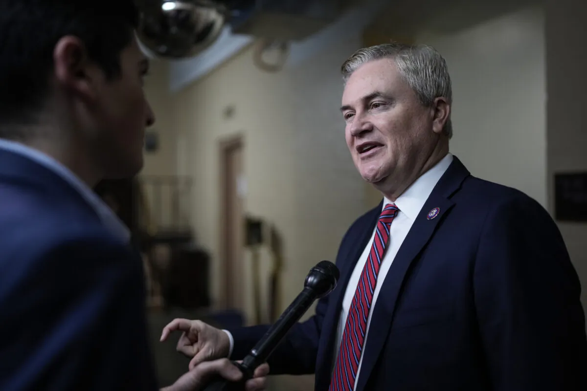 Rep. James Comer (R-Ky.), chairman of the House Oversight Committee, speaks to reporters on his way to a closed-door GOP caucus meeting at the U.S. Capitol in Washington on Jan. 10, 2023. (Drew Angerer/Getty Images)