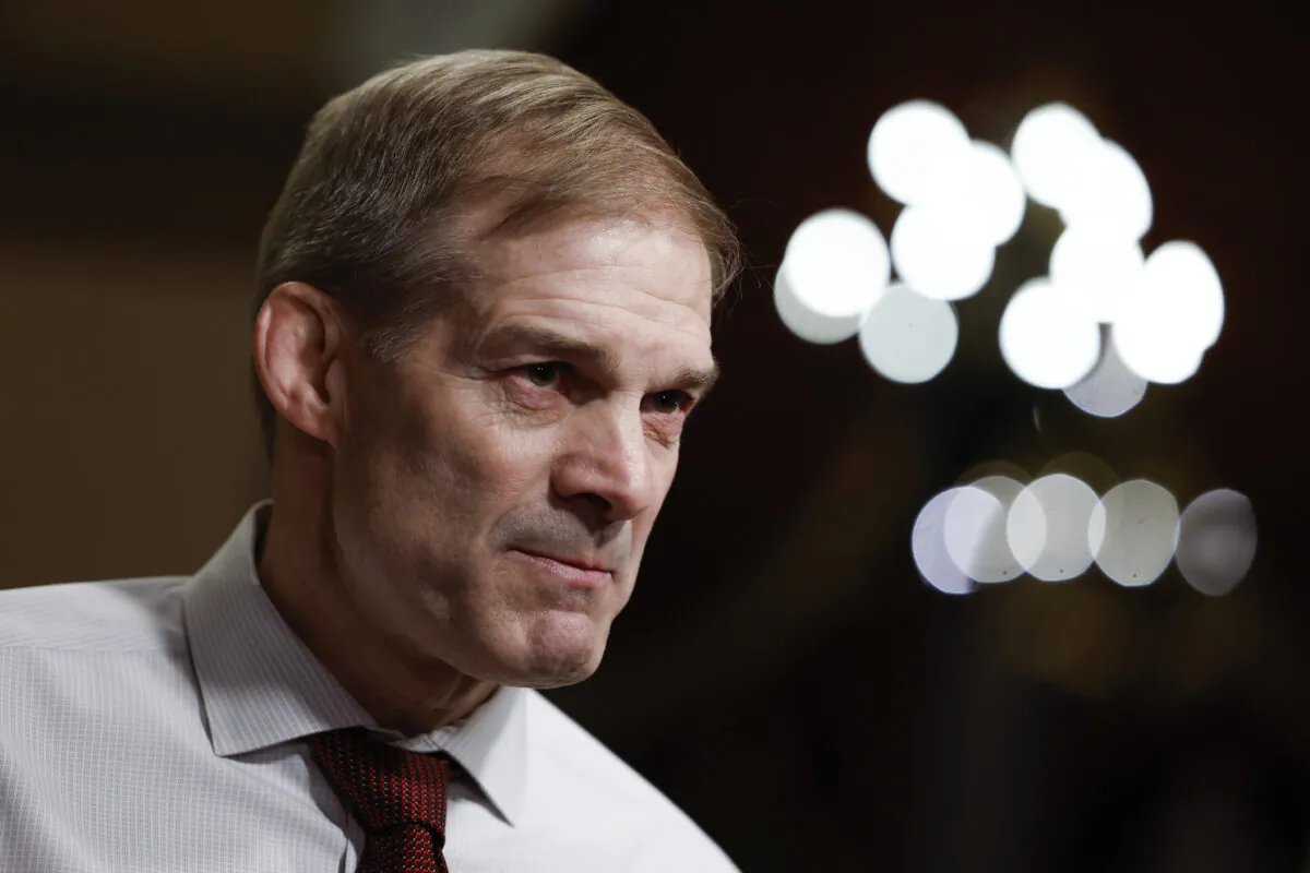 Rep. Jim Jordan (R-Ohio) speaks during an on-camera interview near the House Chambers during a series of votes in the U.S. Capitol Building in Washington on Jan. 9, 2023. (Anna Moneymaker/Getty Images)