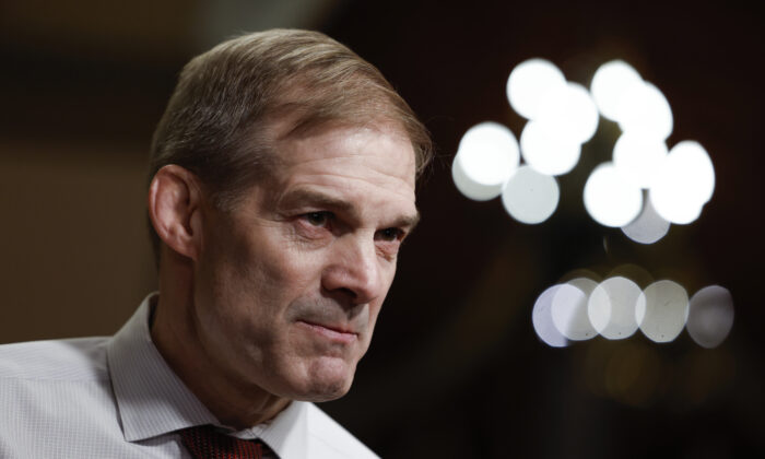 Rep. Jim Jordan (R-Ohio) speaks during an on-camera interview near the House Chambers during a series of votes in the U.S. Capitol Building in Washington on Jan. 9, 2023. (Anna Moneymaker/Getty Images)