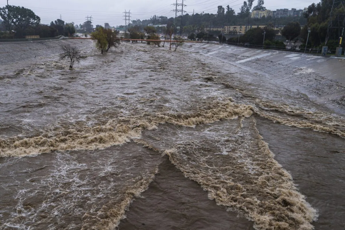 The Los Angeles River flows downstream in Los Angeles on Jan. 14, 2023. (Damian Dovarganes/AP Photo)