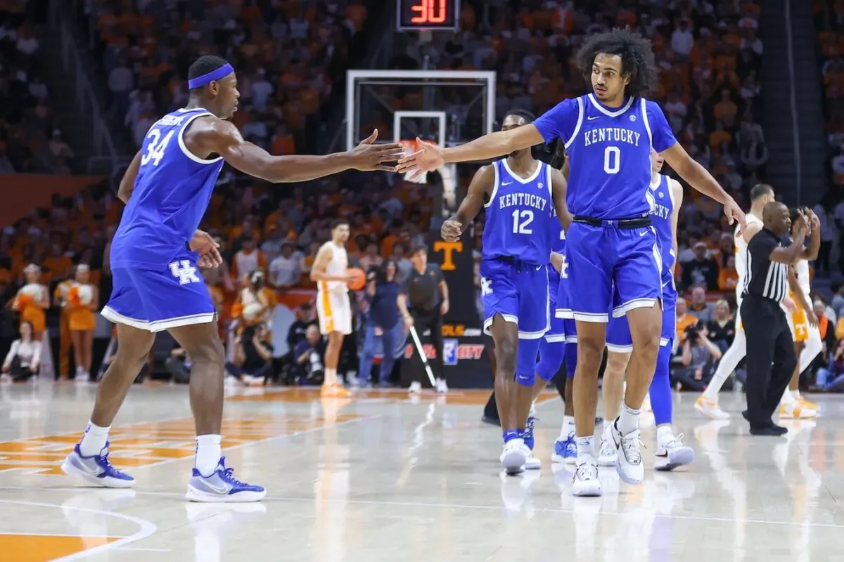 Kentucky Wildcats forward Oscar Tshiebwe (34) and forward Jacob Toppin (0) react after a play against the Tennessee Volunteers during the first half at Thompson-Boling Arena in Knoxville, Tenn., on Jan. 14, 2023. (Randy Sartin-USA TODAY Sports via Field Level Media)