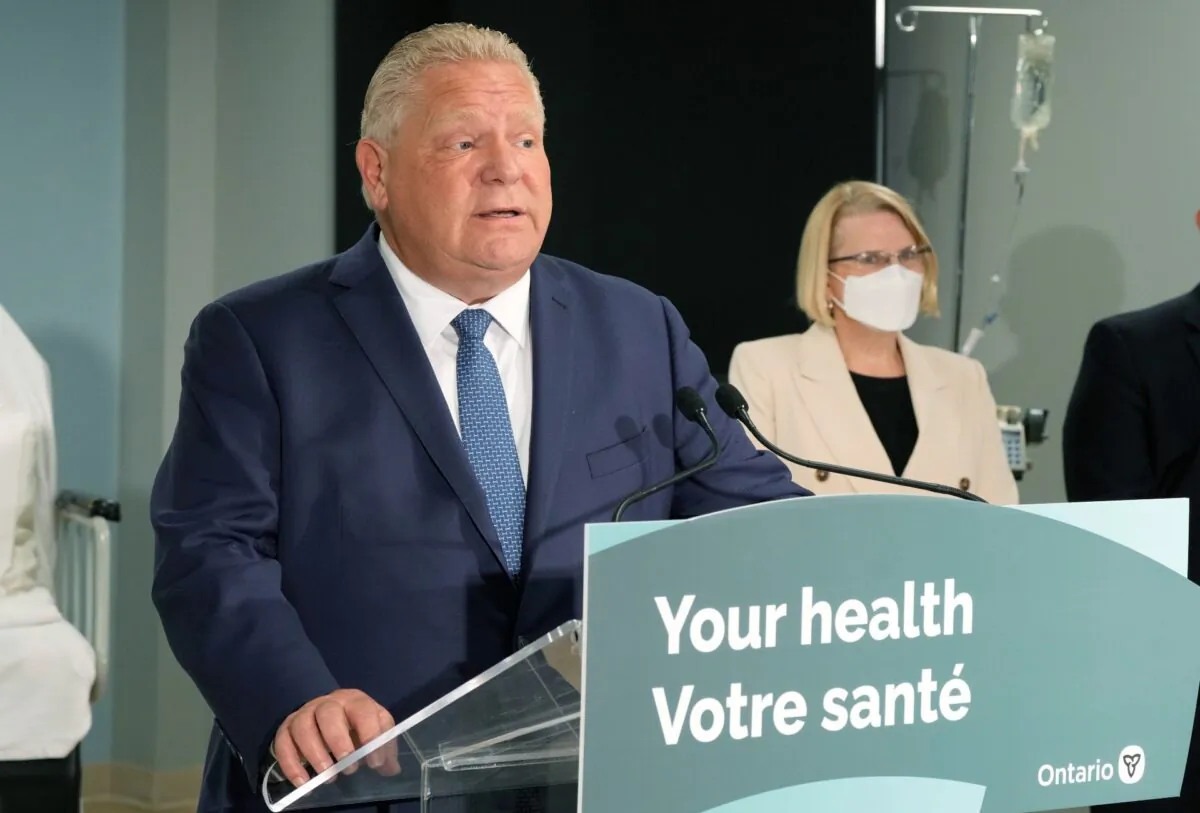 Ontario Premier Doug Ford, joined by Health Minister Sylvia Jones, makes an announcement on health care in the province, in Toronto on Jan. 16, 2023. (Frank Gunn/The Canadian Press)