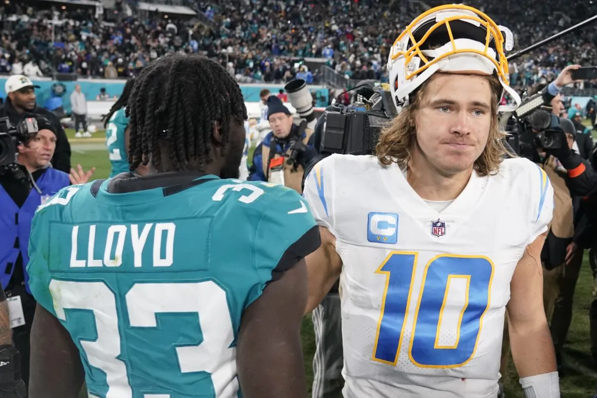 Los Angeles Chargers quarterback Justin Herbert (10) walks off the field after an NFL wild-card football game against the Jacksonville Jaguars, in Jacksonville, Fla., on Jan. 14, 2023. (Chris Carlson/AP Photo)