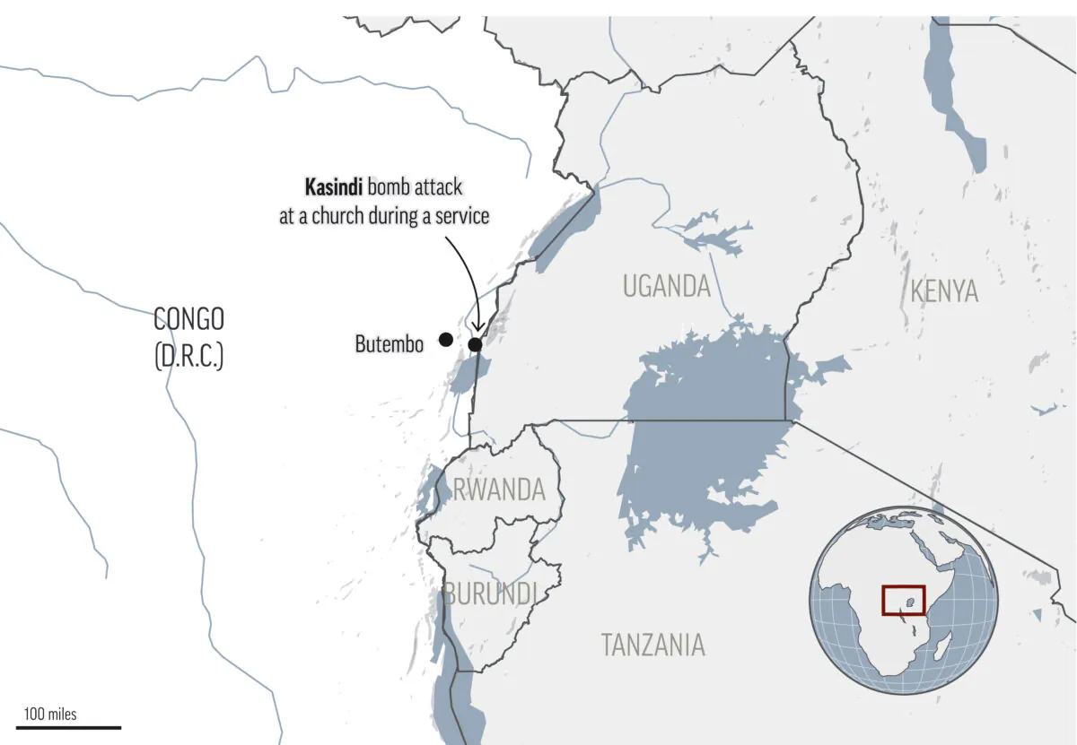 A map that shows the location of a terrorist attack at a church in eastern Congo on Jan. 15, 2023. (AP)