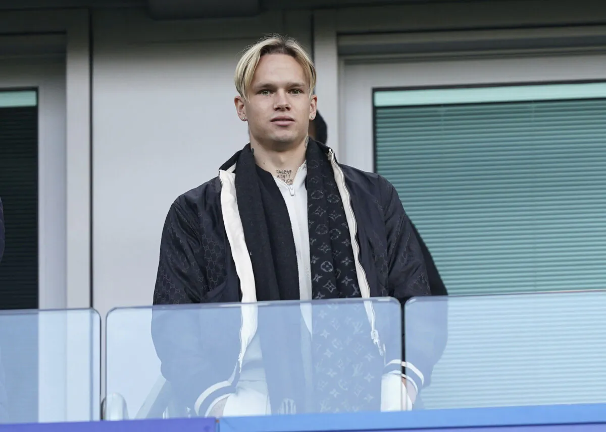 Chelsea new signing Mykhailo Mudryk looks on in the stands ahead of the English Premier League soccer match between Crystal Palace and Chelsea at Stamford Bridge in London on Jan. 15, 2023. (Mike Egerton/PA via AP)