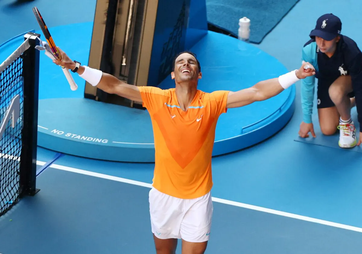 Spain's Rafael Nadal celebrates winning his first round match against Britain's Jack Draper at the Australian Open in Melbourne, Australia, on Jan. 16, 2023.  (Hannah Mckay/Reuters)