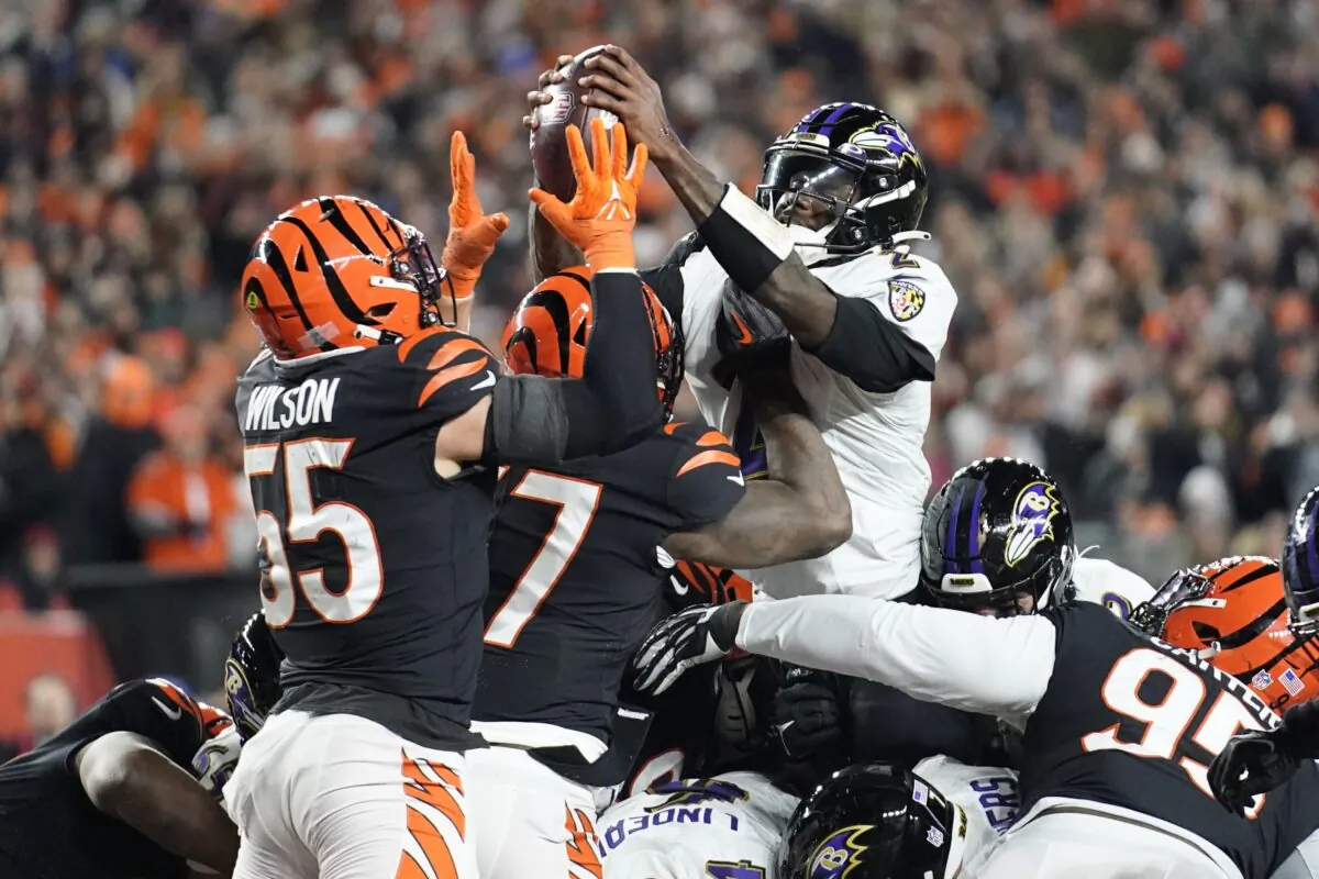 Baltimore Ravens quarterback Tyler Huntley, (R), fumbles the ball as it is knocked away by Cincinnati Bengals linebacker Logan Wilson (55) in the second half of an NFL wild-card playoff football game in Cincinnati on Jan. 15, 2023. (Joshua A. Bickel/AP Photo)