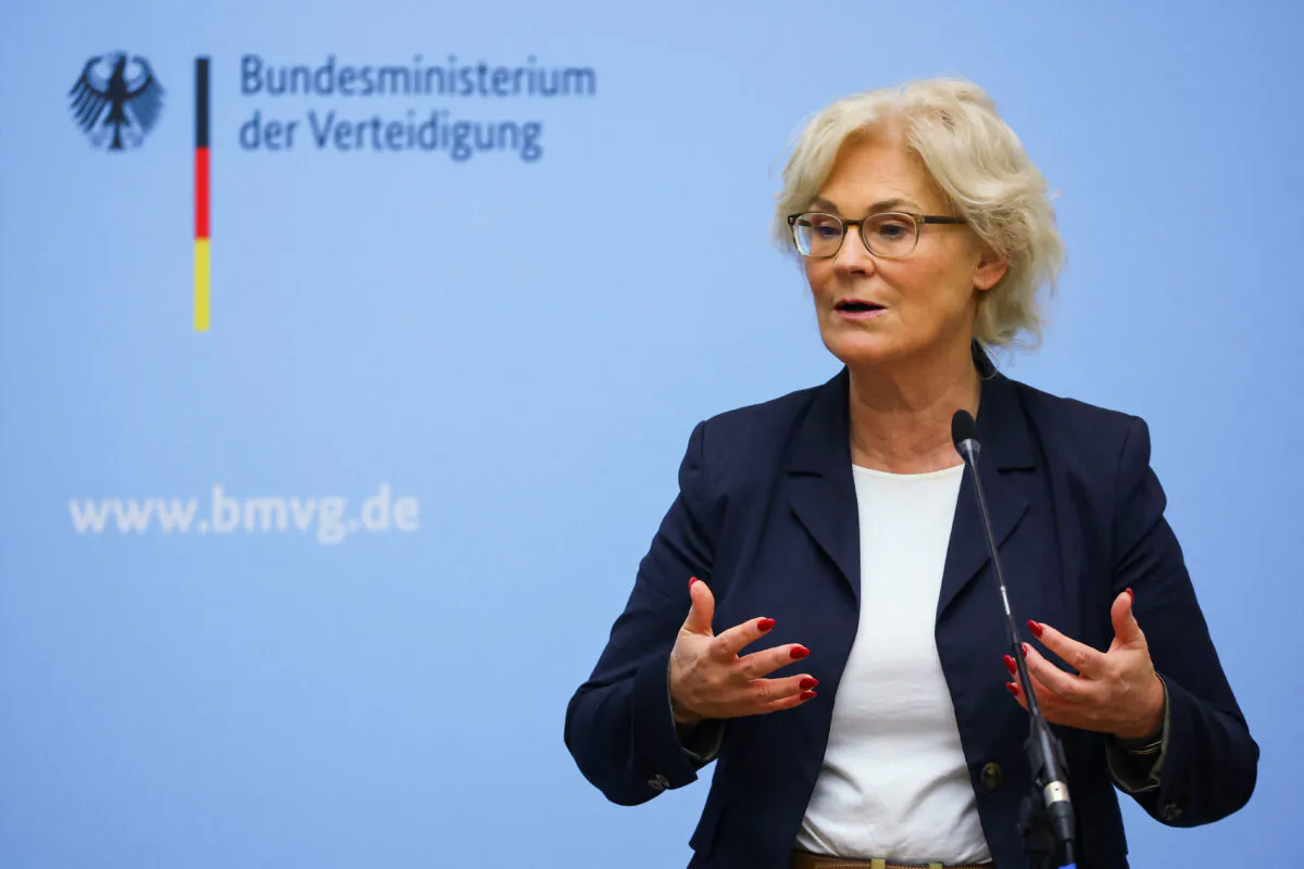 German Defense Minister Christine Lambrecht attends a news conference on the Puma battle tanks, following a meeting at the Ministry of Defense in Berlin, on Jan. 13, 2023. (Fabrizio Bensch/Reuters)