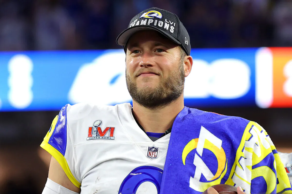 Matthew Stafford (9) of the Los Angeles Rams celebrates after Super Bowl LVI as the Rams defeated the Cincinnati Bengals 23–20 at SoFi Stadium in Inglewood, Calif., on Feb. 13, 2022. (Kevin C. Cox/Getty Images)
