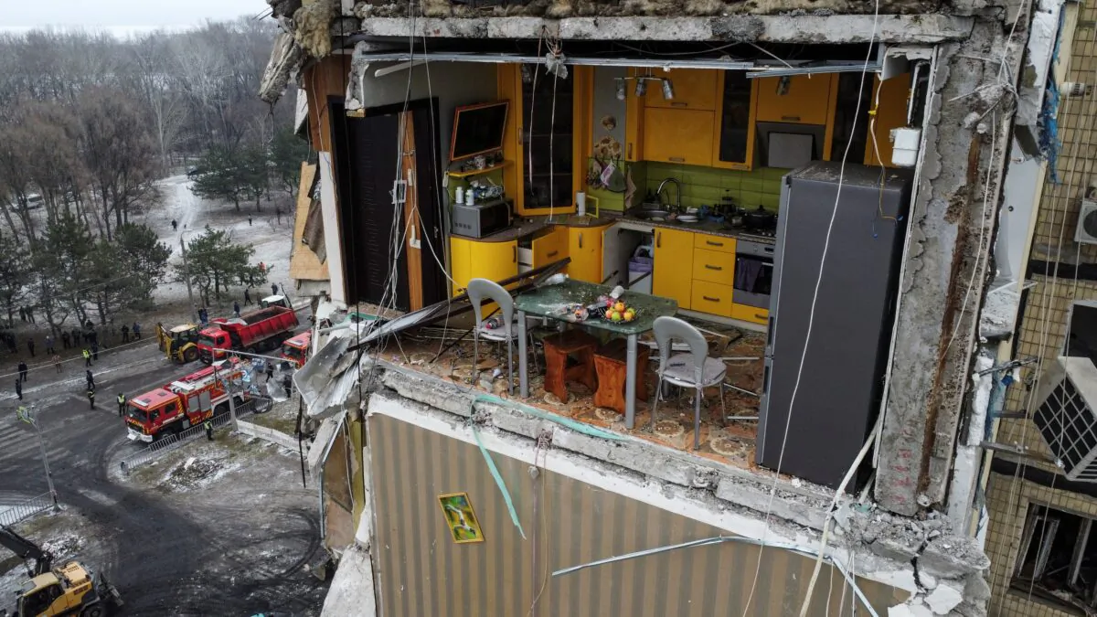 A kitchen inside an apartment block heavily damaged by a Russian missile strike in Dnipro, Ukraine, on Jan. 15, 2023. (Yan Dobronosov/Reuters)