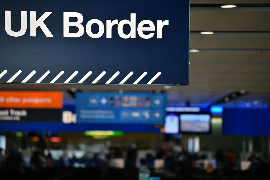 UK border signs are pictured at the passport control in Arrivals in Terminal 2 at Heathrow Airport in London on July 16, 2019. (Daniel Leal/AFP via Getty Images)