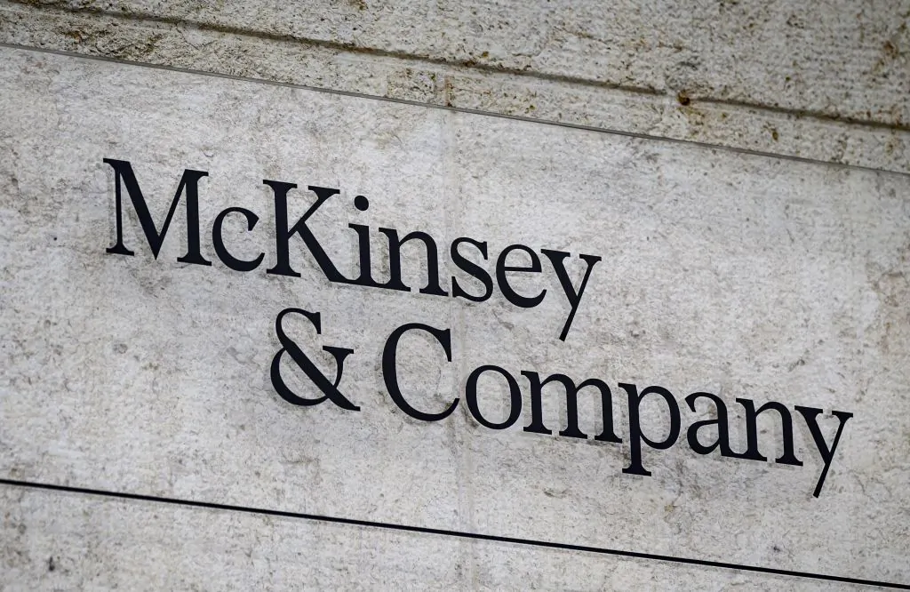 A sign of U.S.-based McKinsey & Company management consulting firm in Geneva on April 12, 2022. (Fabrice Coffrini/AFP via Getty Images)