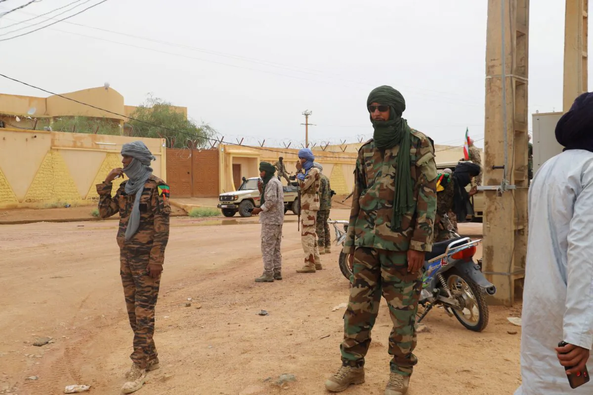 Fighters for The National Movement for the Liberation of Azawad (MNLA) petrol during the Congress for the Fusion of Movements in Kidal, Mali, on Aug. 28, 2022. (Souleymane Ag Anara/AFP via Getty Images)