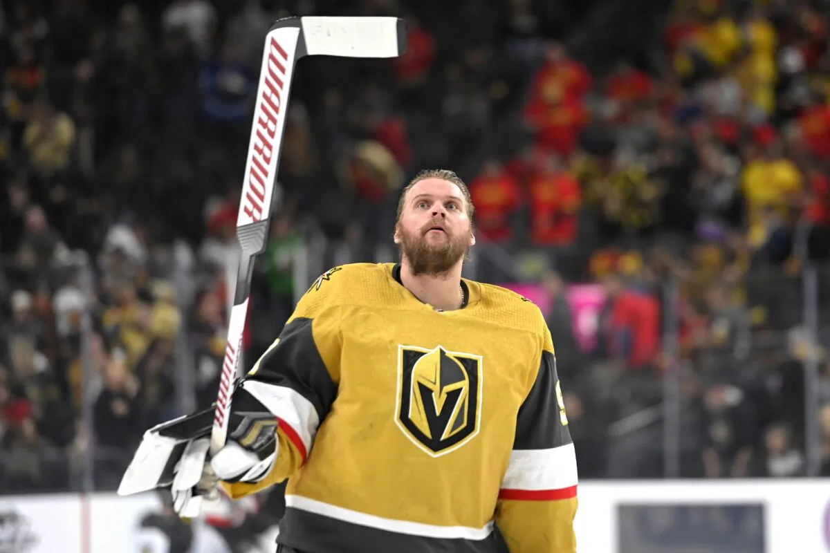 Vegas Golden Knights goaltender Robin Lehner skates before an NHL hockey game against the Ottawa Senators in Las Vegas on March 6, 2022. (David Becker/AP Photo)