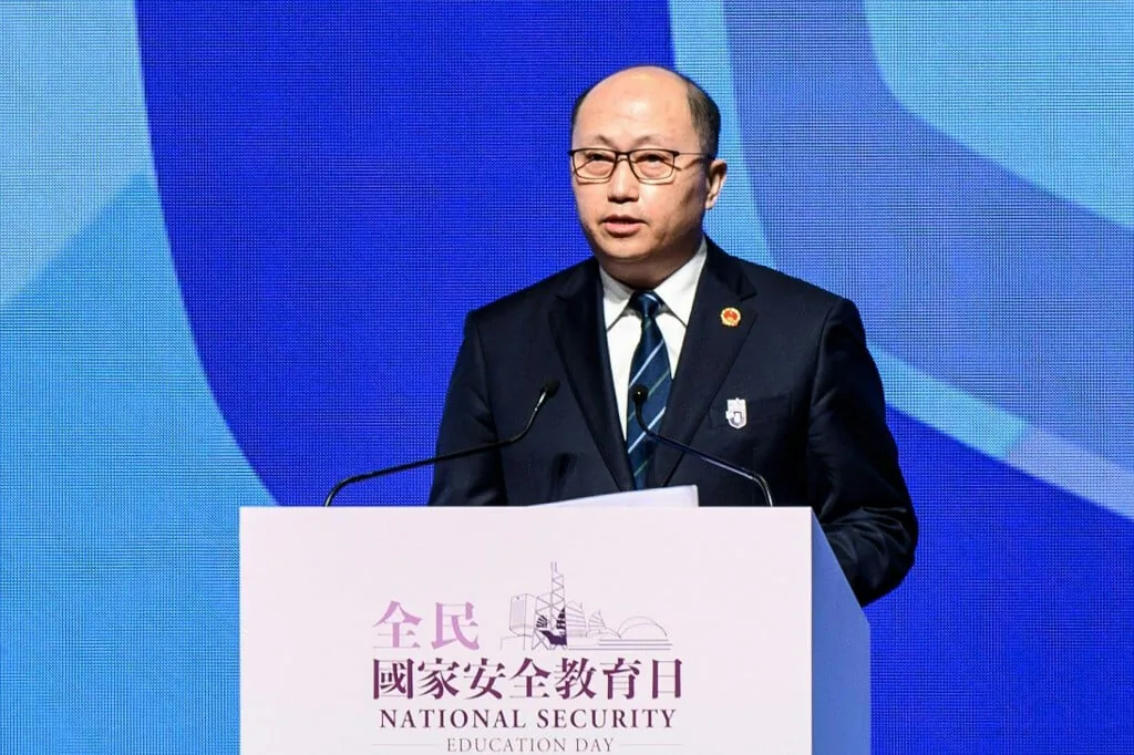 Zheng Yanxiong delivered a speech at the opening ceremony of the National Security Education Day held at the Hong Kong Convention and Exhibition Centre, on Apr. 15, 2021. (Anthony Wallace/AFP)