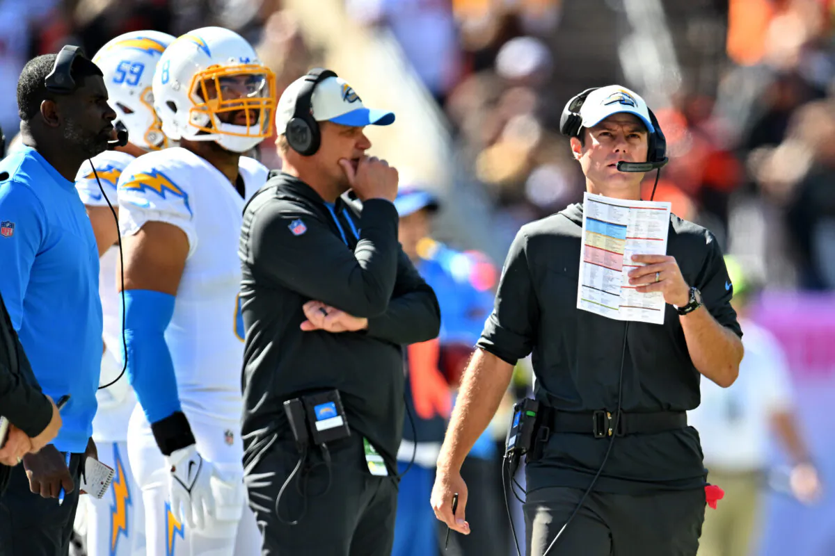 Head coach Brandon Staley of the Los Angeles Chargers walks the sideline during the first half against the Cleveland Browns at FirstEnergy Stadium on Oct. 9, 2022. (Jason Miller/Getty Images)