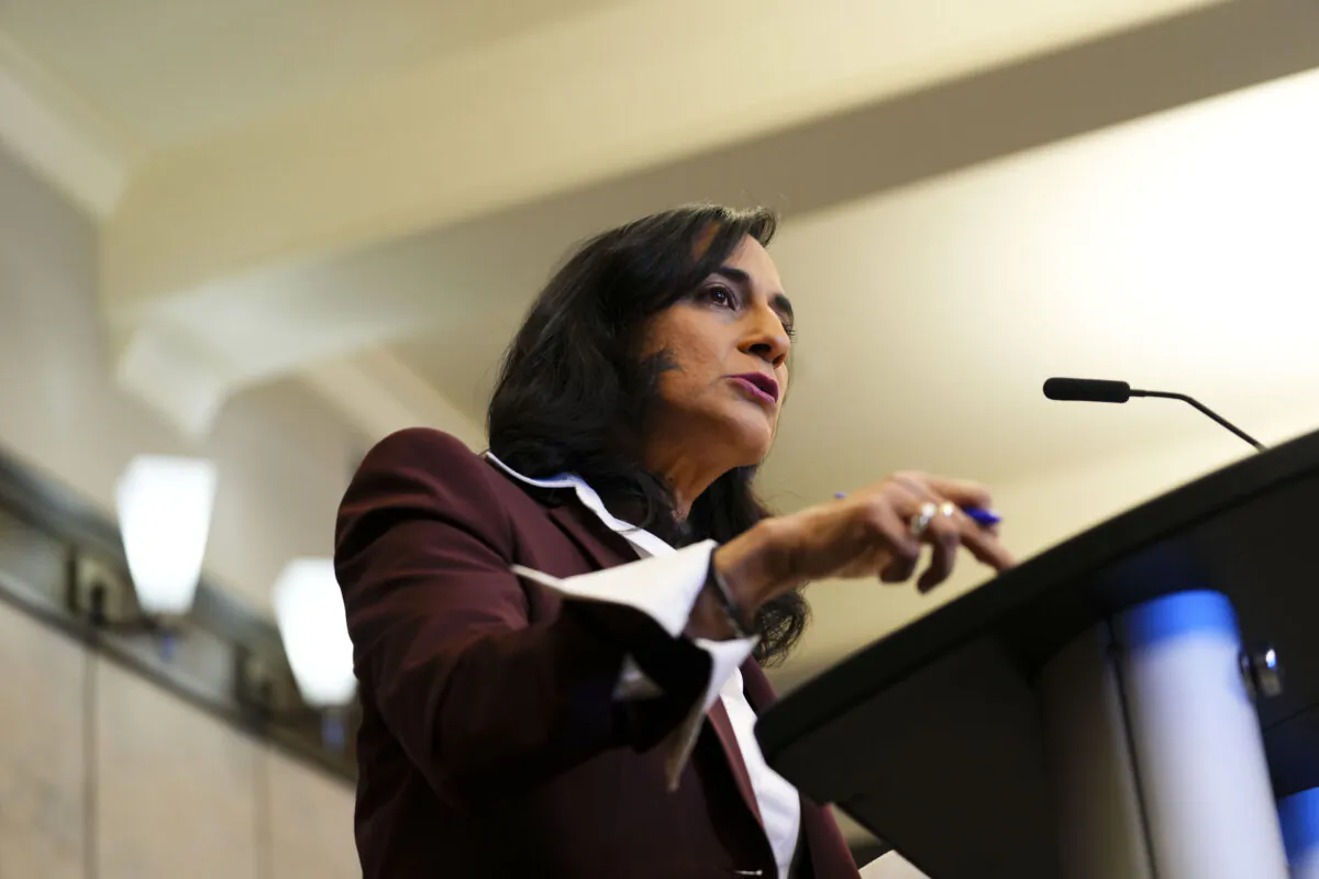 Anita Anand, Minister of National Defence, holds a media availability on Parliament Hill in Ottawa on Dec. 13, 2022. Defence Minister Anita Anand says the federal government will provide 200 armoured vehicles to the Ukrainian military. Anand announced the contribution during a visit to Kyiv today, where the minister also met her Ukrainian counterpart. (The Canadian Press/Sean Kilpatrick)