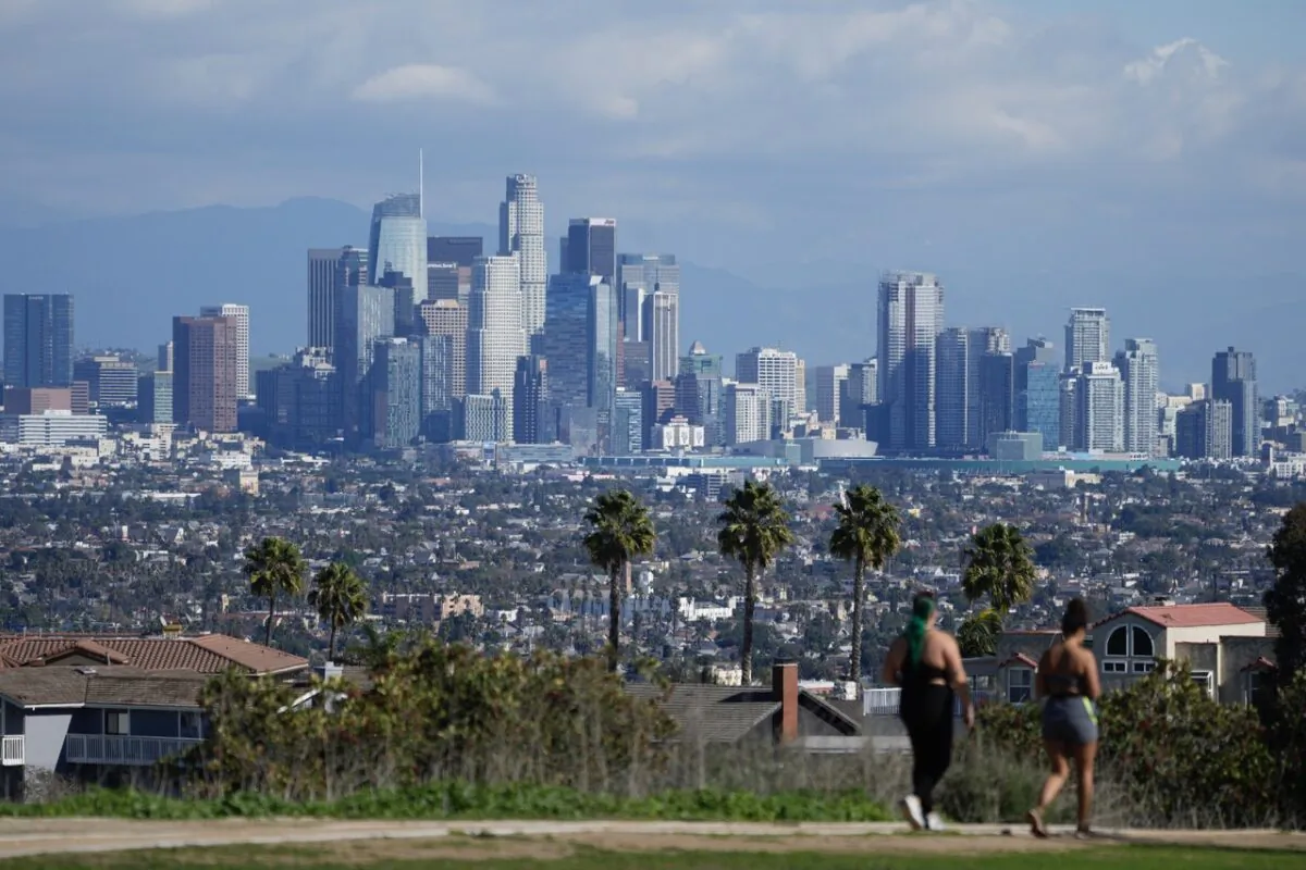 Storm clouds blanket the Los Angeles skyline as seen from Kenneth Hahn State Recreation Area following a rainstorm in Los Angeles on Jan. 17, 2023. (Damian Dovarganes/AP Photo)