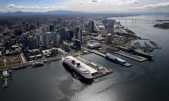 Aerial view of a cruise ship docked at B Street Pier in San Diego on March 20, 2020. (Sean M. Haffey/Getty Images)