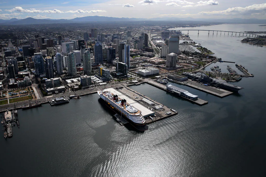 Aerial view of a cruise ship docked at B Street Pier in San Diego on March 20, 2020. (Sean M. Haffey/Getty Images)
