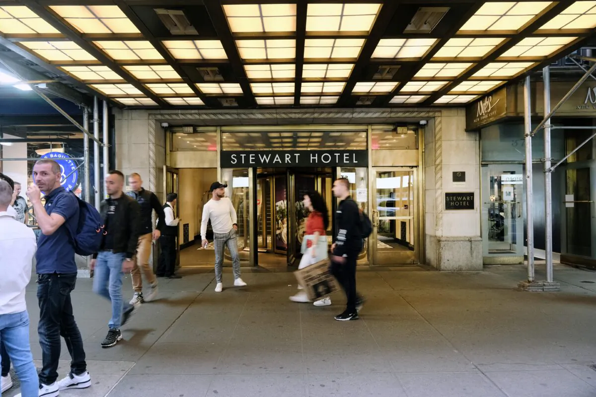The Stewart Hotel in midtown Manhattan on Oct. 7, 2022. The hotel is being used as an intake and assessment center for recently arrived illegal immigrants. (Spencer Platt/Getty Images)