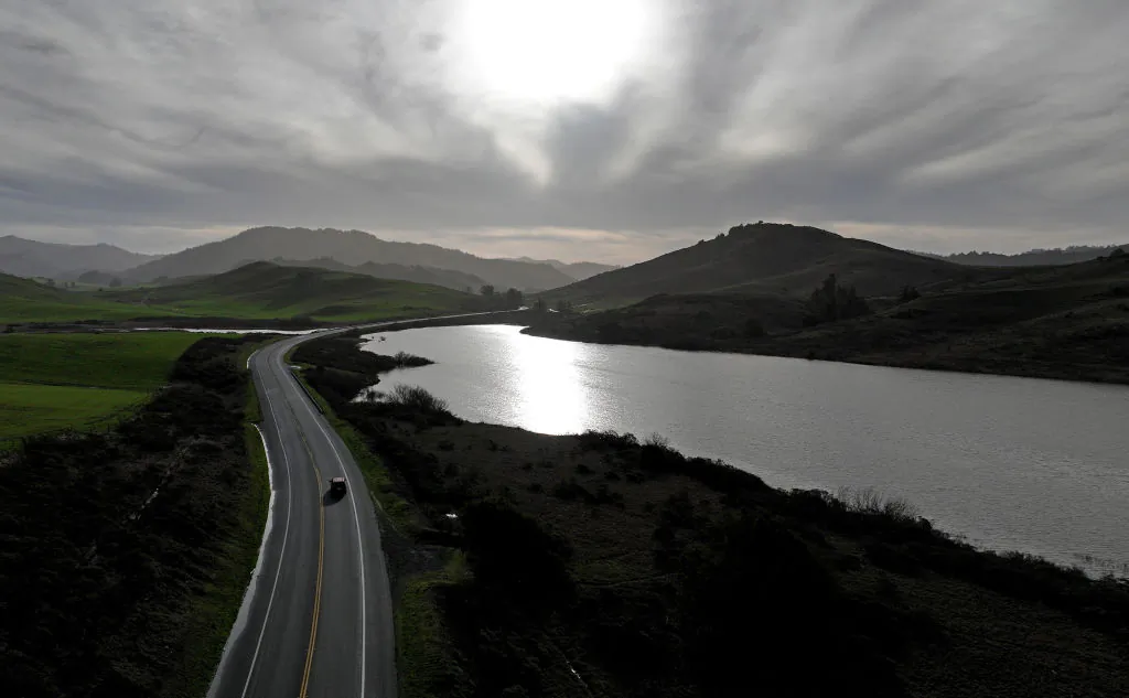 The Nicasio Reservoir at 100 percent capacity in Nicasio, Calif., on Jan. 12, 2023, after a series of storms drenched Northern California. (Justin Sullivan/Getty Images)
