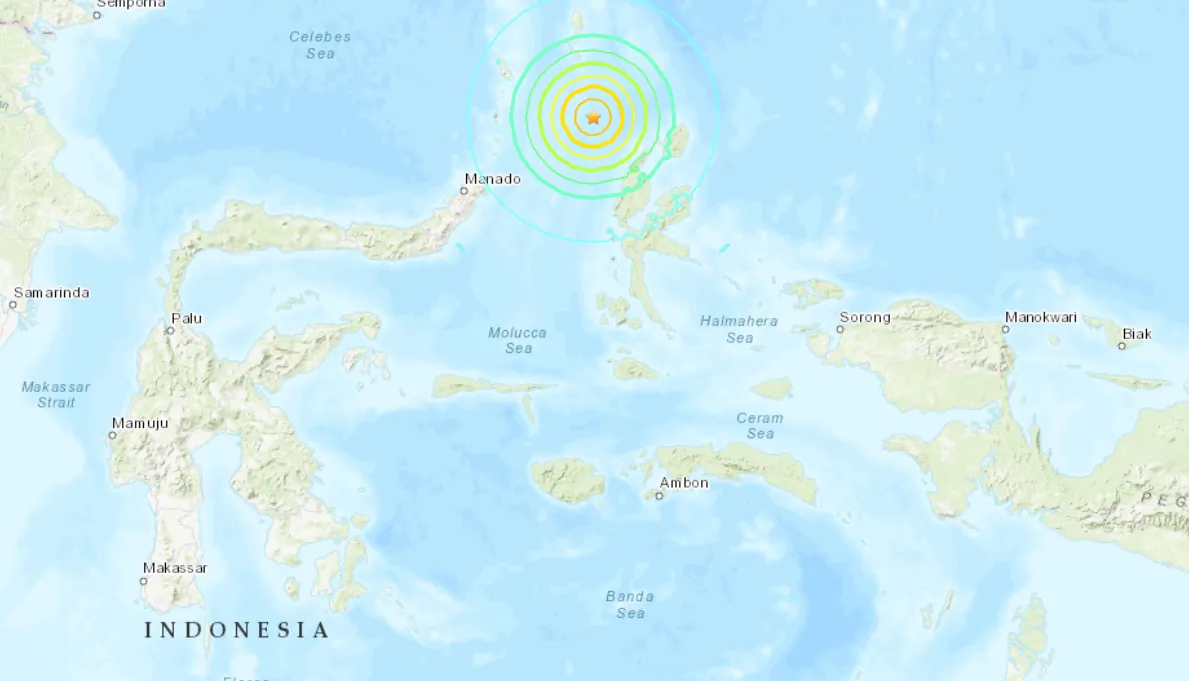 A map showing the location of a magnitude 7.0 earthquake that struck off Sulawesi island, in Indonesia, on Jan. 18, 2023. (USGS/Screenshot via The Epoch Times)