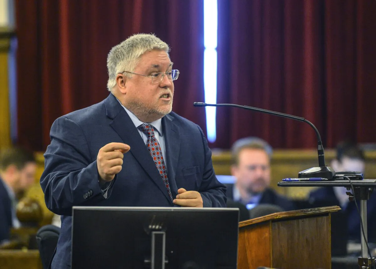 West Virginia Attorney General Patrick Morrisey presents opening arguments on the first day of the trial against opioid drug manufacturers in Charleston, W.Va., on April 4, 2022. (Kenny Kemp/Charleston Gazette-Mail via AP)