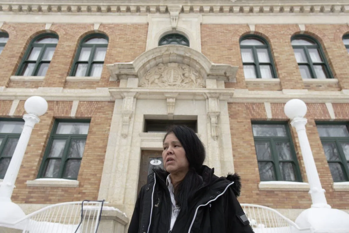 Odelia Quewezance speaks to media outside the Court of King’s Bench in Yorkton, Sask. on Jan. 17, 2023. (The Canadian Press/Michael Bell)
