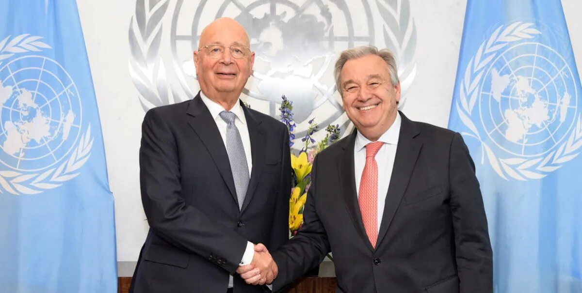 Secretary-General António Guterres (right) meets with Klaus Schwab, founder and chairman of the World Economic Forum, in Davos, in January 2023. (UN Photo/Manuel Elías)