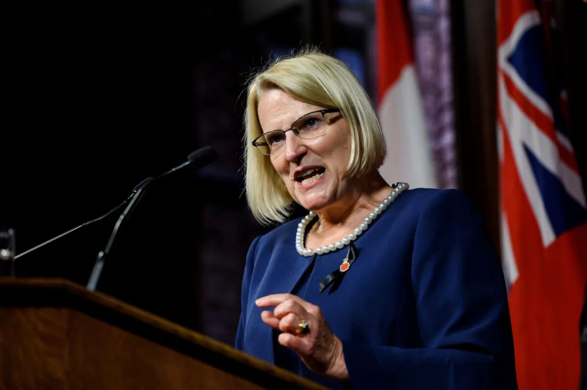 Ontario's Health Minister Sylvia Jones speaks with media at Queen’s Park in Toronto in a file photo. Ms. Jones has announced Ontario will lower the eligibility age for routine mammograms from 50 to 40 beginning next fall. (The Canadian Press/Christopher Katsarov)