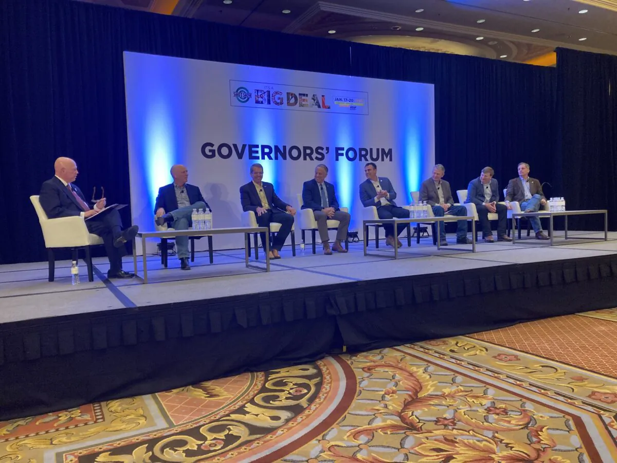 National Shooting Sports Foundation Senior Vice President of Government Relations and General Counsel Lawrence G. Keane (left) queriers seven Republican governors—(left to right), Montana’s Greg Gianforte, Nebraska’s Jim Pillen, Nevada’s Joe Lombardo, Oklahoma’s Kevin Stitt, Idaho’s Brad Little, Mississippi’s Tate Reeves, and Wyoming’s Mark Gordon—during a forum on the importance of the firearms industry to their states’ economies at the Shooting Hunting Outdoor Trade (SHOT) Show in Las Vegas, Nev., on Jan. 18, 2023. (John Haughey/The Epoch Times)