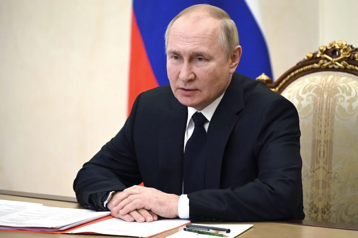 Russian President Vladimir Putin chairs a security council meeting via video conference in Moscow, Russia, on Dec. 21, 2022. (Pavel Byrkin, Sputnik, Kremlin Pool Photo via AP)