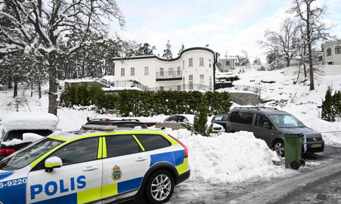 Police secures the area at a house where the Sweden's security service Sapo arrested two people on suspicions of espionage in the Stockholm area on Nov. 22, 2022. (Fredrik Sandberg/TT News Agency/AFP via Getty Images)