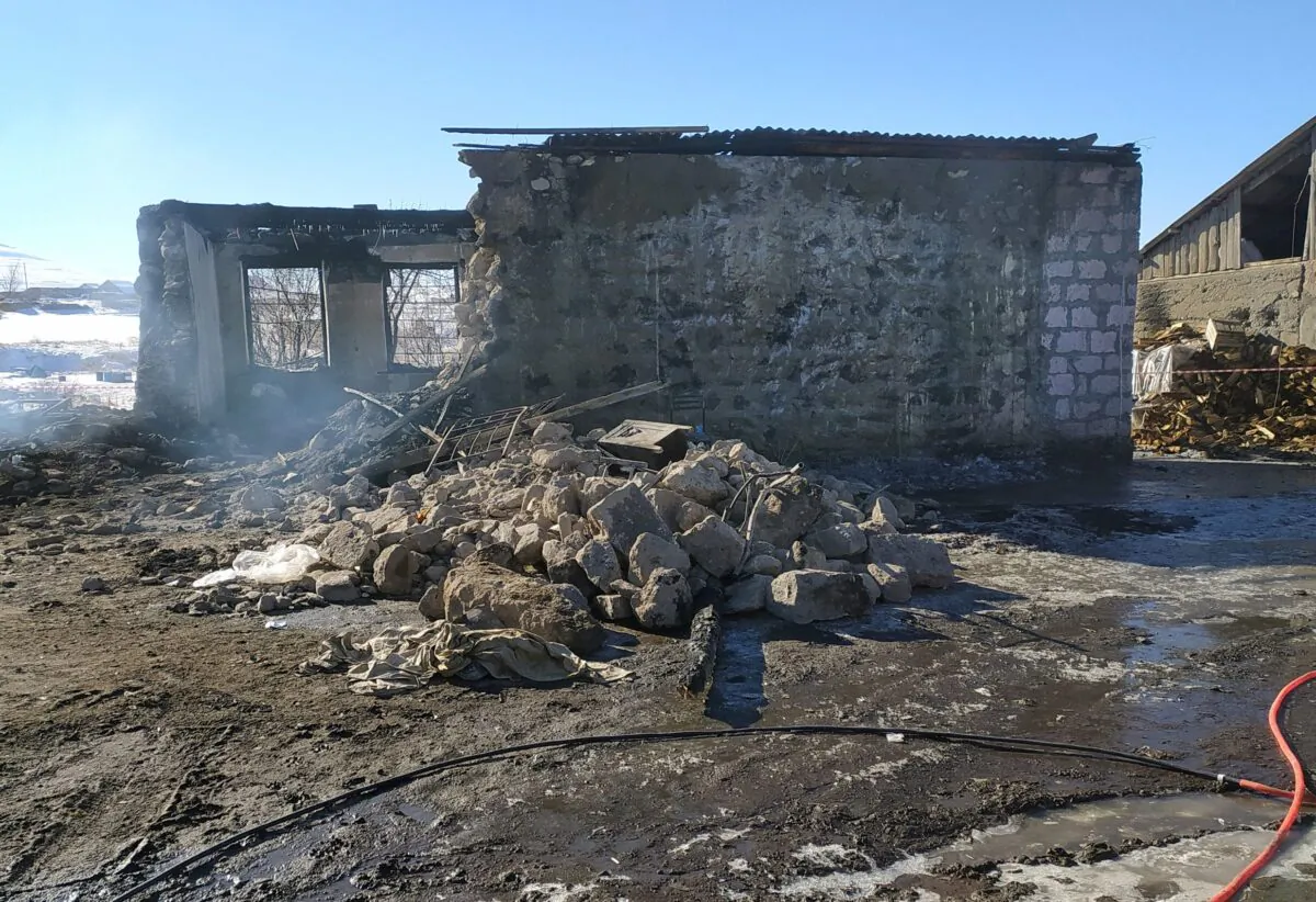 This general view shows a burnt-out Armenian army barracks taken after a fire in the village of Azat, some 170kms east of Yerevan on Jan. 19, 2023. (Gevork Tusunyan/AFP via Getty Images)