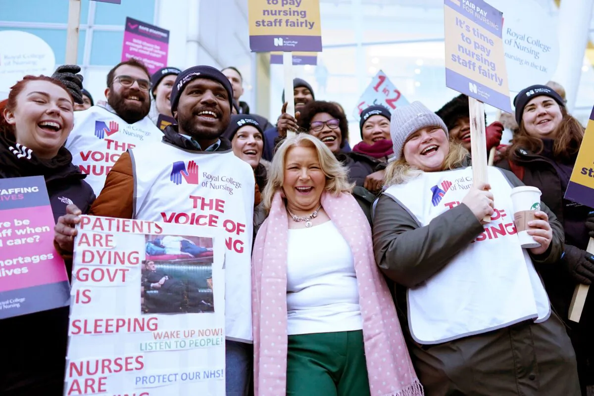 Royal College of Nursing (RCN) chief executive Pat Cullen joins RCN members on the picket line outside University College Hospital, London, on Jan. 19, 2023. (Stefan Rousseau/PA Media)