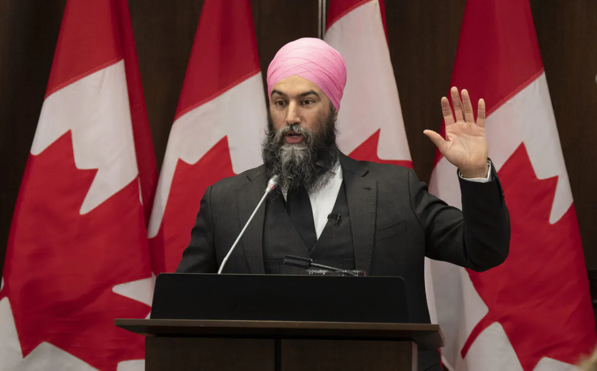 NDP Leader Jagmeet Singh delivers a speech at a three day caucus retreat, in Ottawa on Jan. 18, 2023. (Adrian Wyld/The Canadian Press)