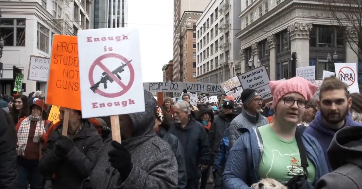 A protest in favor of gun control as shown in “The Shadow State.” (Epoch Original)