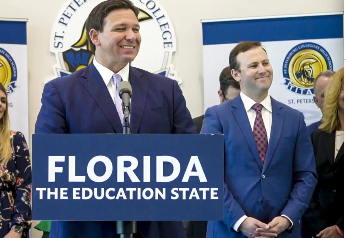 Florida Gov. Ron DeSantis takes questions from reporters at a press conference and signing of a new education bill in St. Petersburg, Fla., on March 15, 2022. (Screenshot/The Florida Channel)