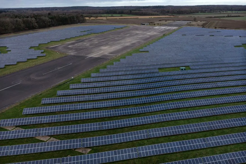 An aerial view shows the photovoltaic solar panels making up RAF Coltishall Solar Park, near Lamas, north of Norwich, England on Jan. 13, 2023. (Ben Stansall/AFP via Getty Images)