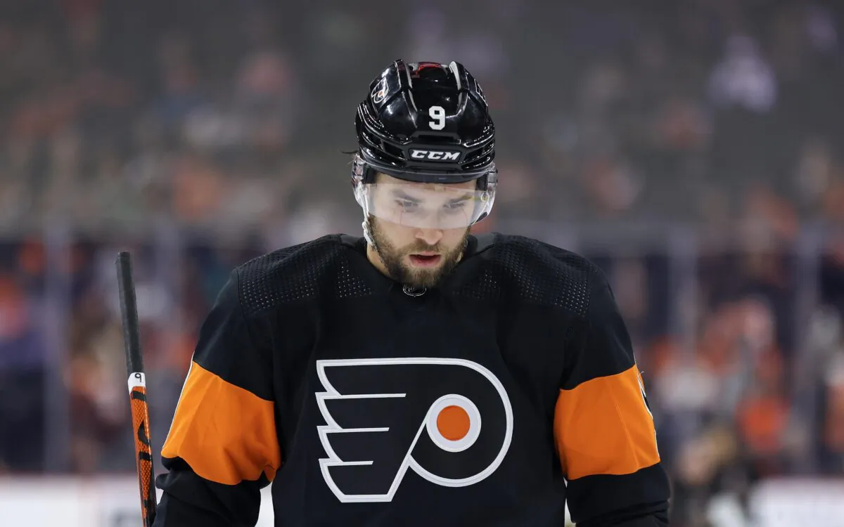 Ivan Provorov #9 of the Philadelphia Flyers look on against the Anaheim Ducks at Wells Fargo Center in Philadelphia on Jan. 17, 2023. (Tim Nwachukwu/Getty Images)