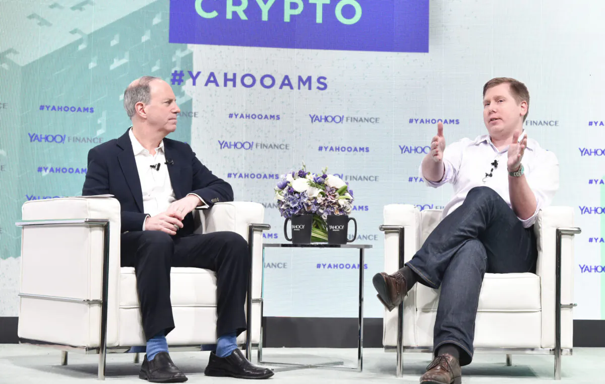 (L) Andy Serwer and (R) Digital Currency Group CEO Barry Silbert attend the Yahoo Finance All Markets Summit: Crypto in New York on Feb. 7, 2018. (Eugene Gologursky/Getty Images for Yahoo Finance/Oath)