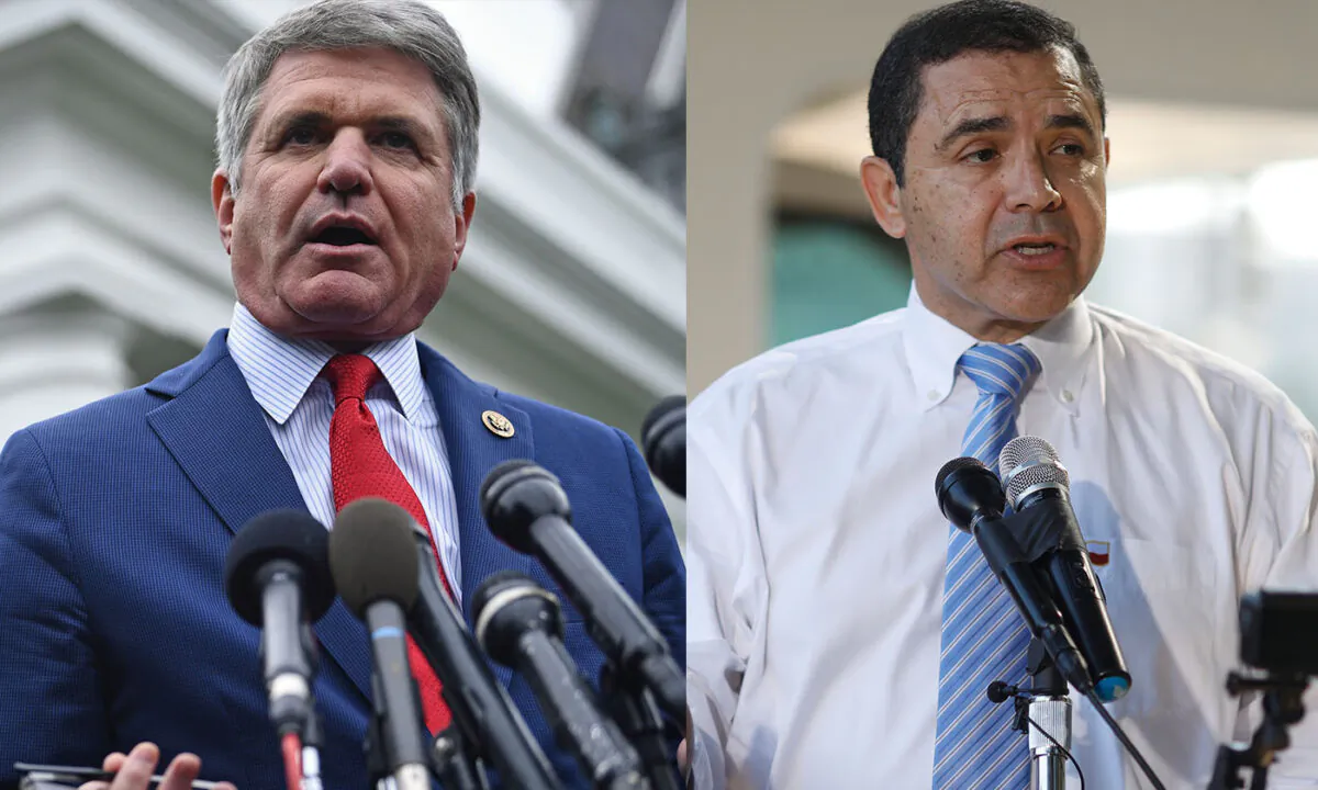L: Rep. Michael McCaul (R-Texas) speaks with the media after meeting with President Donald Trump to discuss the situation with Turkey at the White House in the District of Columbia on Oct. 16, 2019. (Brendan Smialowski/AFP via Getty Images) R: Rep. Henry Cuellar (D-Texas) delivers remarks during a rally for the passage of the USMCA trade agreement in the District of Columbia on Sept. 12, 2019. (Tom Brenner/Getty Images)