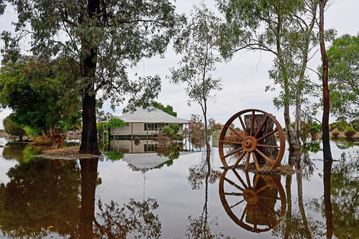 Floodwaters linger near Kerang, Victoria ahead of further rain forecast for the weekend, Nov. 12, 2022.  (AAP Image/Brendan McCarthy)