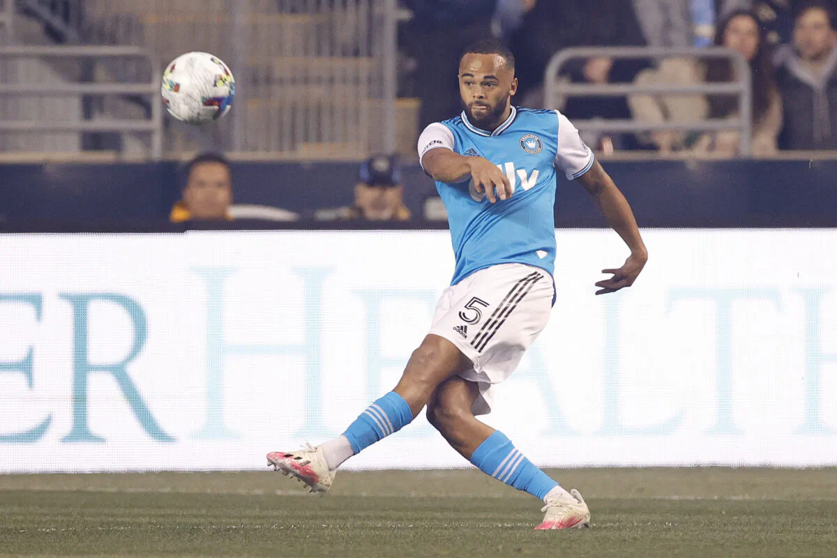 Anton Walkes #5 of Charlotte FC passes the ball against Philadelphia Union at Subaru Park in Chester, Pennsylvania on April 2, 2022. (Tim Nwachukwu/Getty Images)