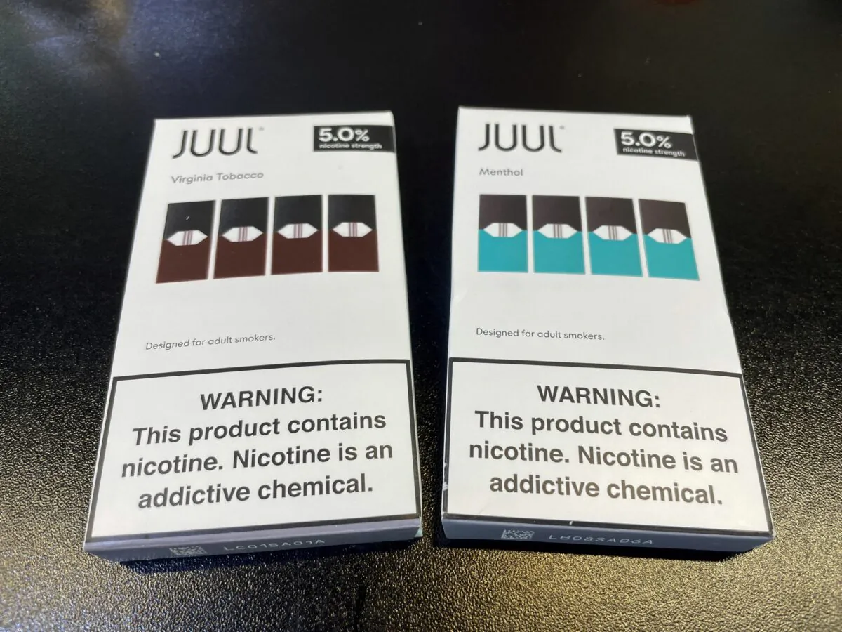 Juul e-cigarettes on the counter of a vape store in Santa Monica, California, on June 23, 2022. (Lucy Nicholson/Reuters)