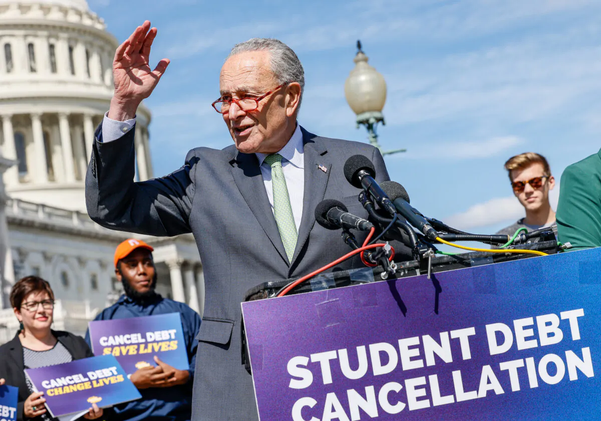 Senate Majority Leader Chuck Schumer (D-N.Y.) speaks during a press conference held to celebrate U.S. President Joe Biden cancelling student debt on Capitol Hill on in Washington on Sept. 29, 2022. (Jemal Countess/Getty Images for We, The 45 Million)